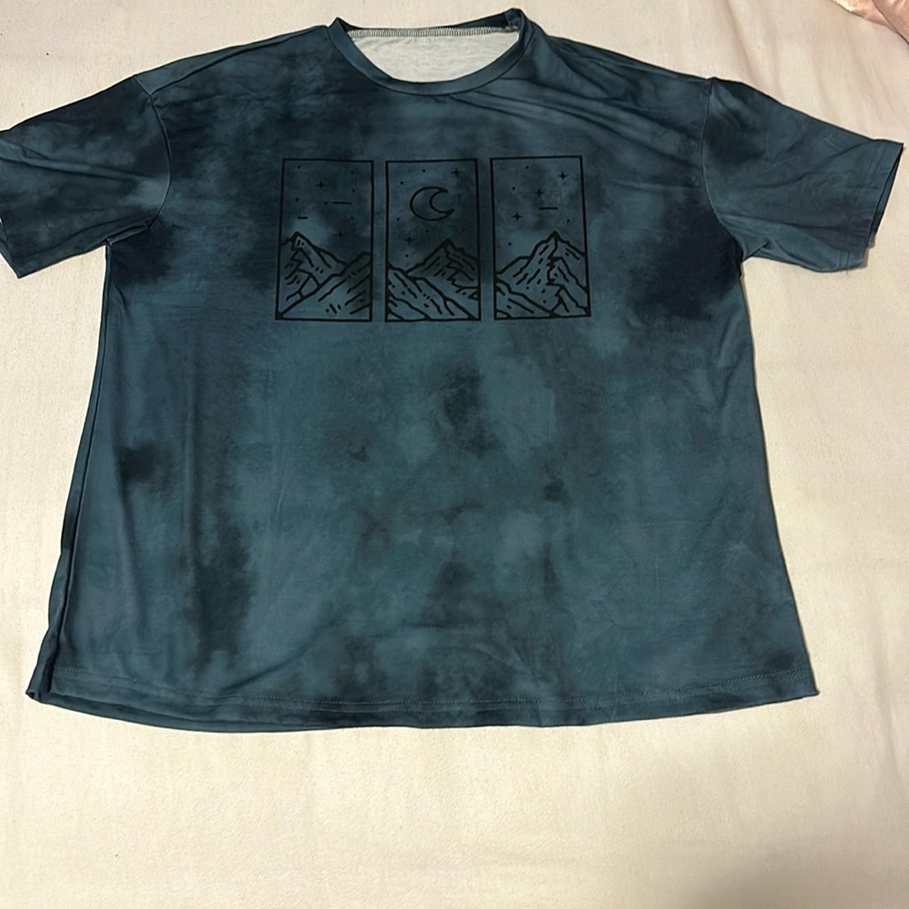 Oversized blue mountain and moon tie dye shirt